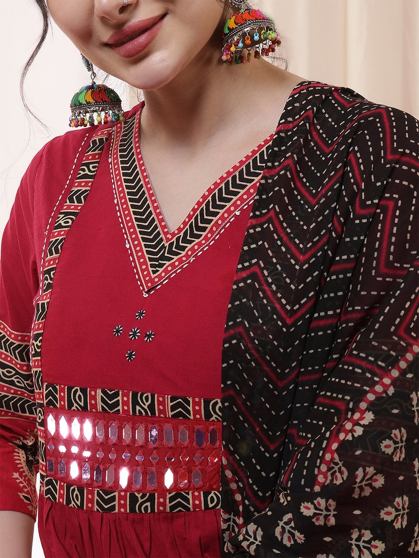 Mirror Embroidered Solid Rayon Anarkali Kurti Set