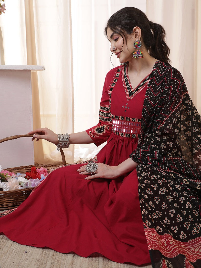 Mirror Embroidered Solid Rayon Anarkali Kurti Set