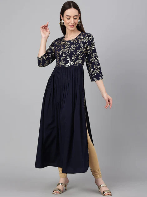Navy Blue Gold Foil Printed Cotton Poly Crepe Kurti Top