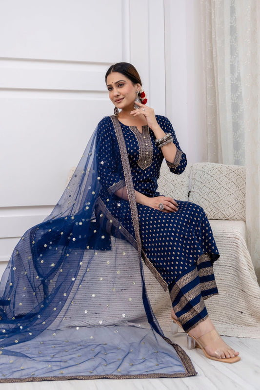 Navy Blue  Gold Foil Printed Kurti Set With Dupatta