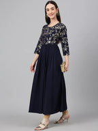 Navy Blue Gold Foil Printed Cotton Poly Crepe Kurti Top
