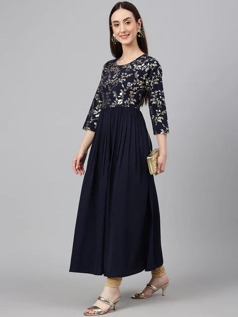 Navy Blue Gold Foil Printed Cotton Poly Crepe Kurti Top