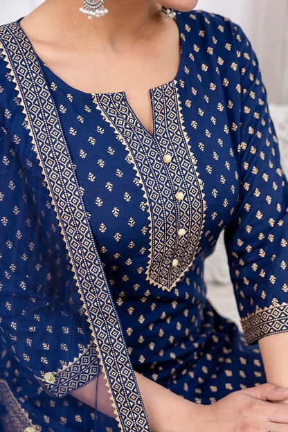 Navy Blue  Gold Foil Printed Kurti Set With Dupatta
