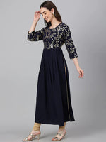 Load image into Gallery viewer, Navy Blue Gold Foil Printed Cotton Poly Crepe Kurti Top
