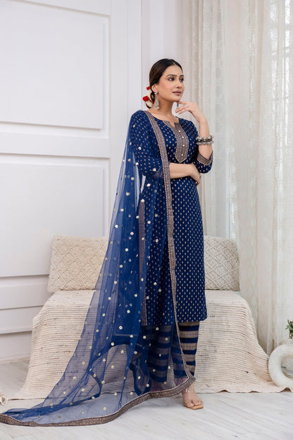 Navy Blue  Gold Foil Printed Kurti Set With Dupatta