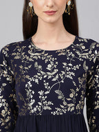 Navy Blue Gold Foil Printed Cotton Poly Crepe Kurti Top