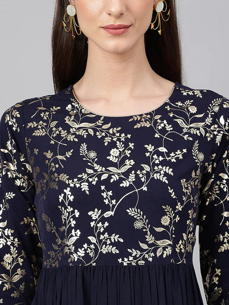 Navy Blue Gold Foil Printed Cotton Poly Crepe Kurti Top