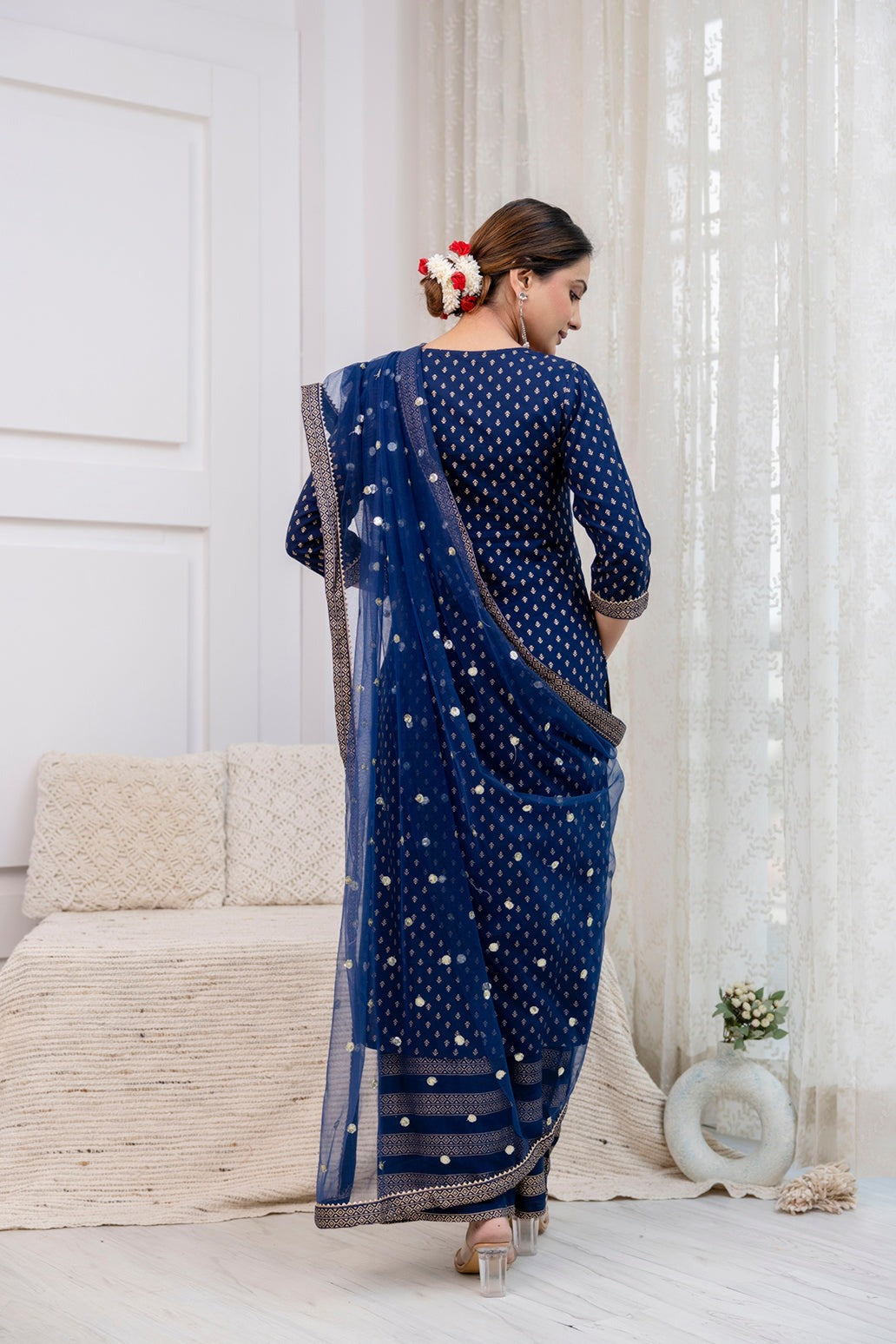 Navy Blue  Gold Foil Printed Kurti Set With Dupatta