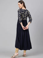 Navy Blue Gold Foil Printed Cotton Poly Crepe Kurti Top