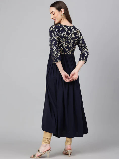 Navy Blue Gold Foil Printed Cotton Poly Crepe Kurti Top