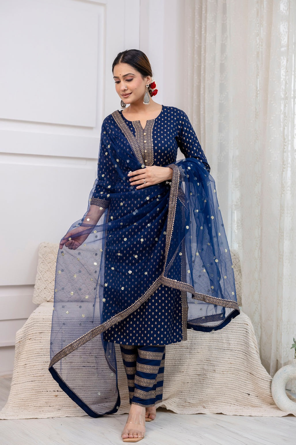 Navy Blue  Gold Foil Printed Kurti Set With Dupatta
