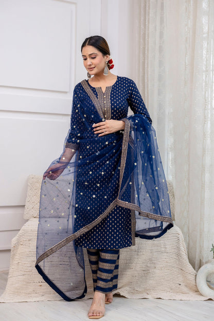 Navy Blue  Gold Foil Printed Kurti Set With Dupatta