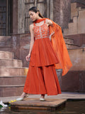 Orange  Mirror Embroidered Kurta Sharara with dupatta