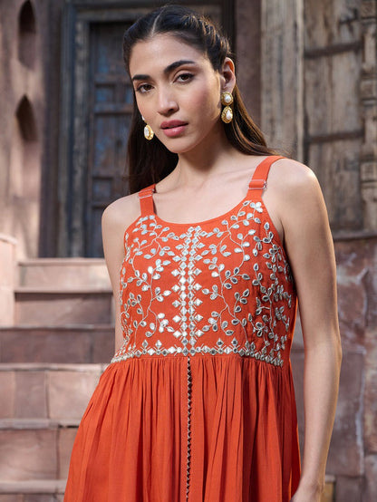 Orange  Mirror Embroidered Kurta Sharara with dupatta