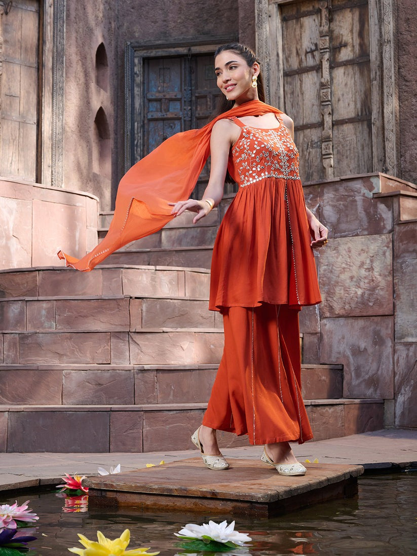Orange  Mirror Embroidered Kurta Sharara with dupatta