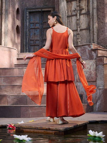 Orange  Mirror Embroidered Kurta Sharara with dupatta