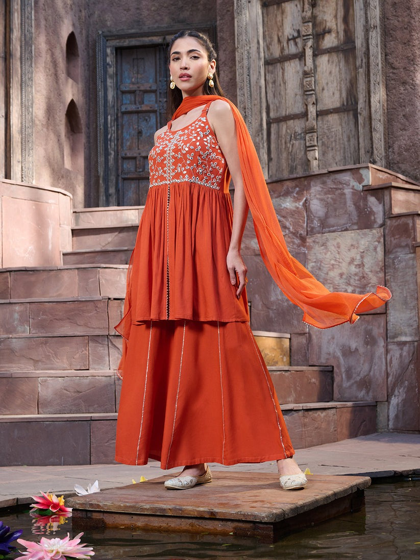 Orange  Mirror Embroidered Kurta Sharara with dupatta