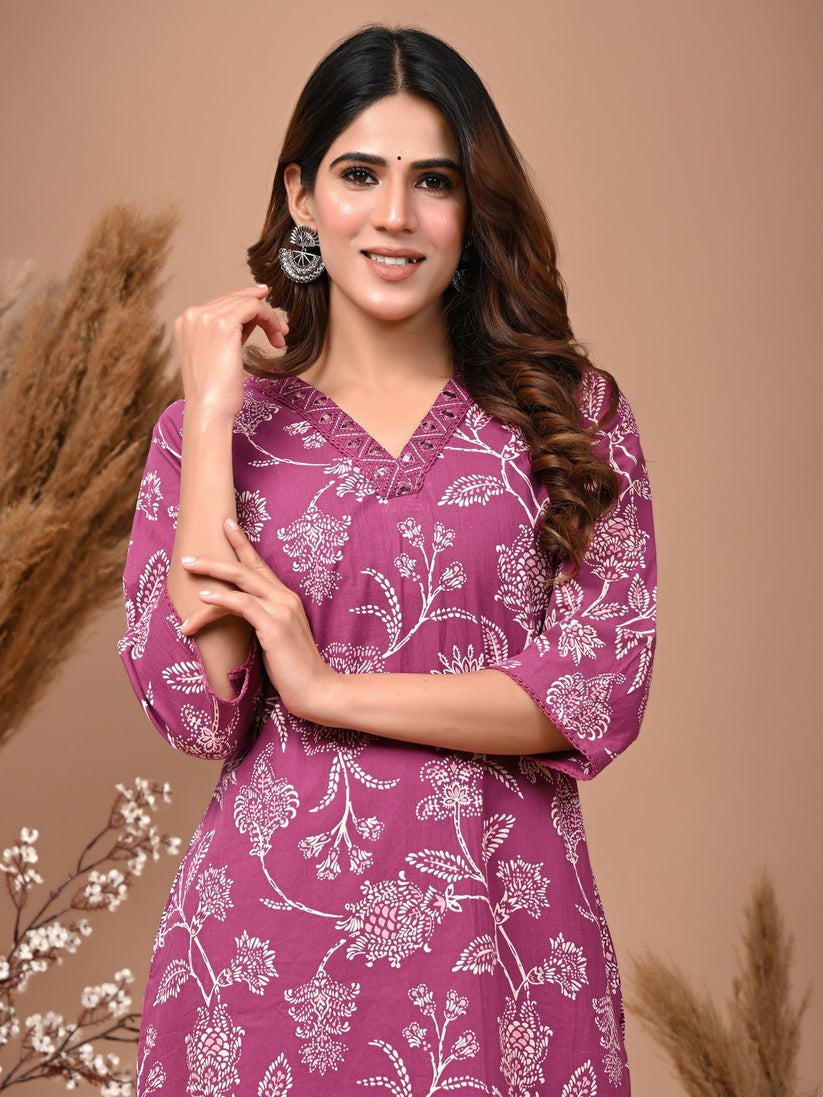 Floral Printed Cotton Kurti Top (Top Only)