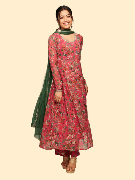 Pink Floral Printed Georgette Flared Kurti With Pants & Dupatta