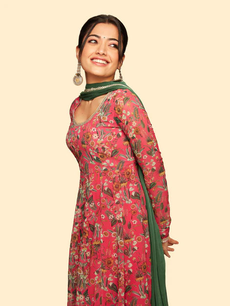 Pink Floral Printed Georgette Flared Kurti With Pants & Dupatta