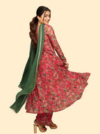 Pink Floral Printed Georgette Flared Kurti With Pants & Dupatta