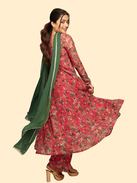Pink Floral Printed Georgette Flared Kurti With Pants & Dupatta