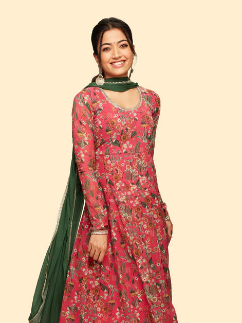 Pink Floral Printed Georgette Flared Kurti With Pants & Dupatta