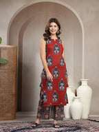 Maroon Printed Cotton Kurti Plazzo Set