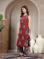 Maroon Printed Cotton Kurti Plazzo Set