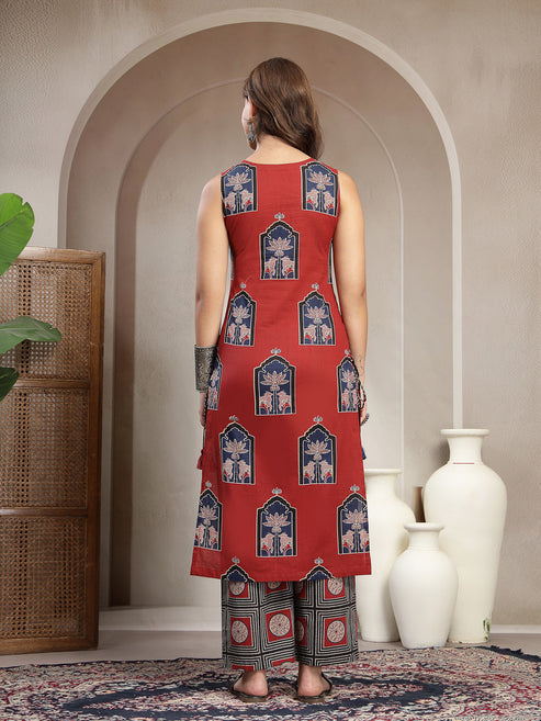 Maroon Printed Cotton Kurti Plazzo Set