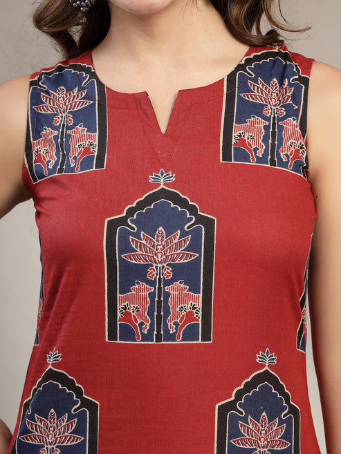 Maroon Printed Cotton Kurti Plazzo Set