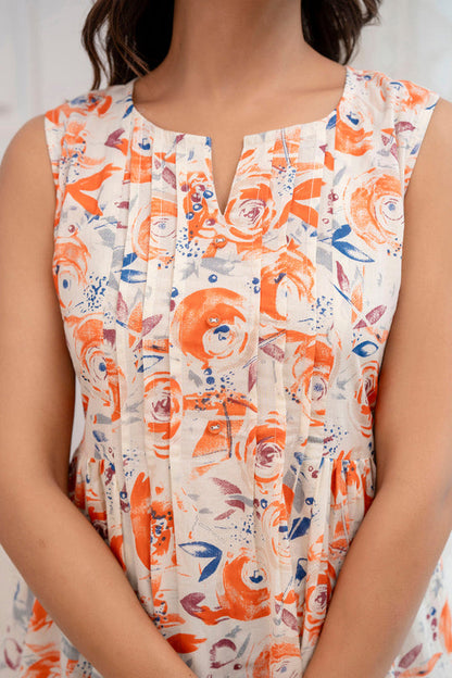 Off White Peach Cotton Floral Printed Top