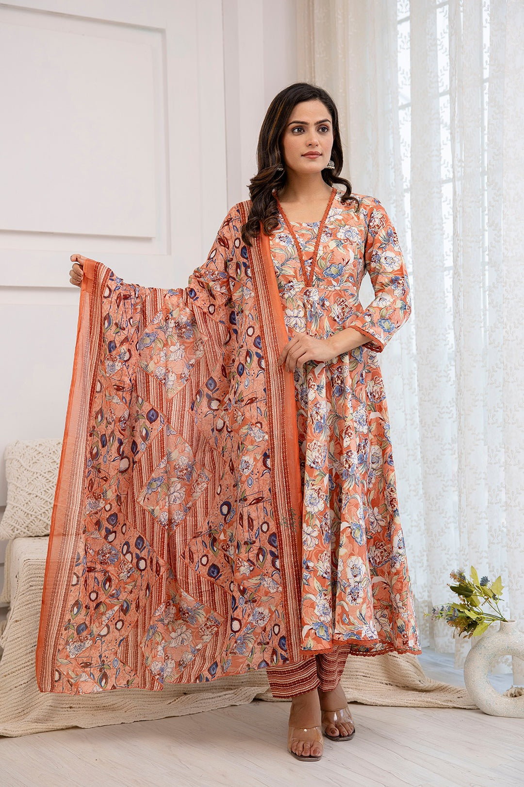 Peach  Floral Printed Cotton Flared Kurti With Pants & Dupatta