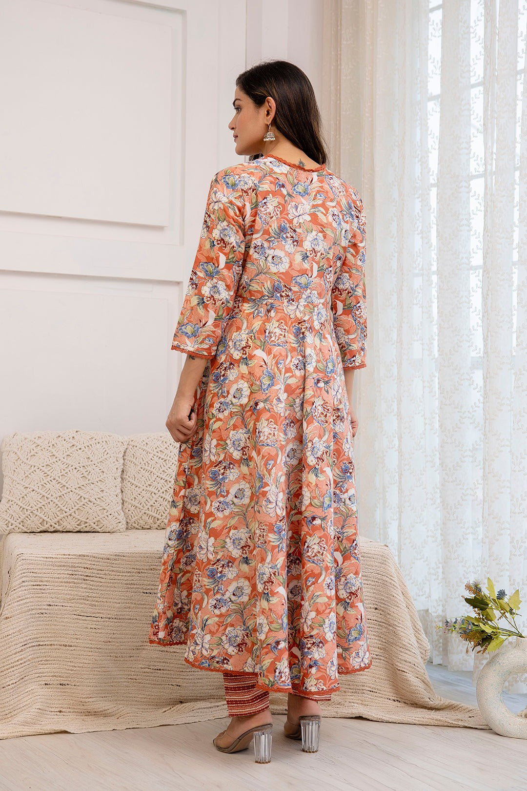 Peach  Floral Printed Cotton Flared Kurti With Pants & Dupatta