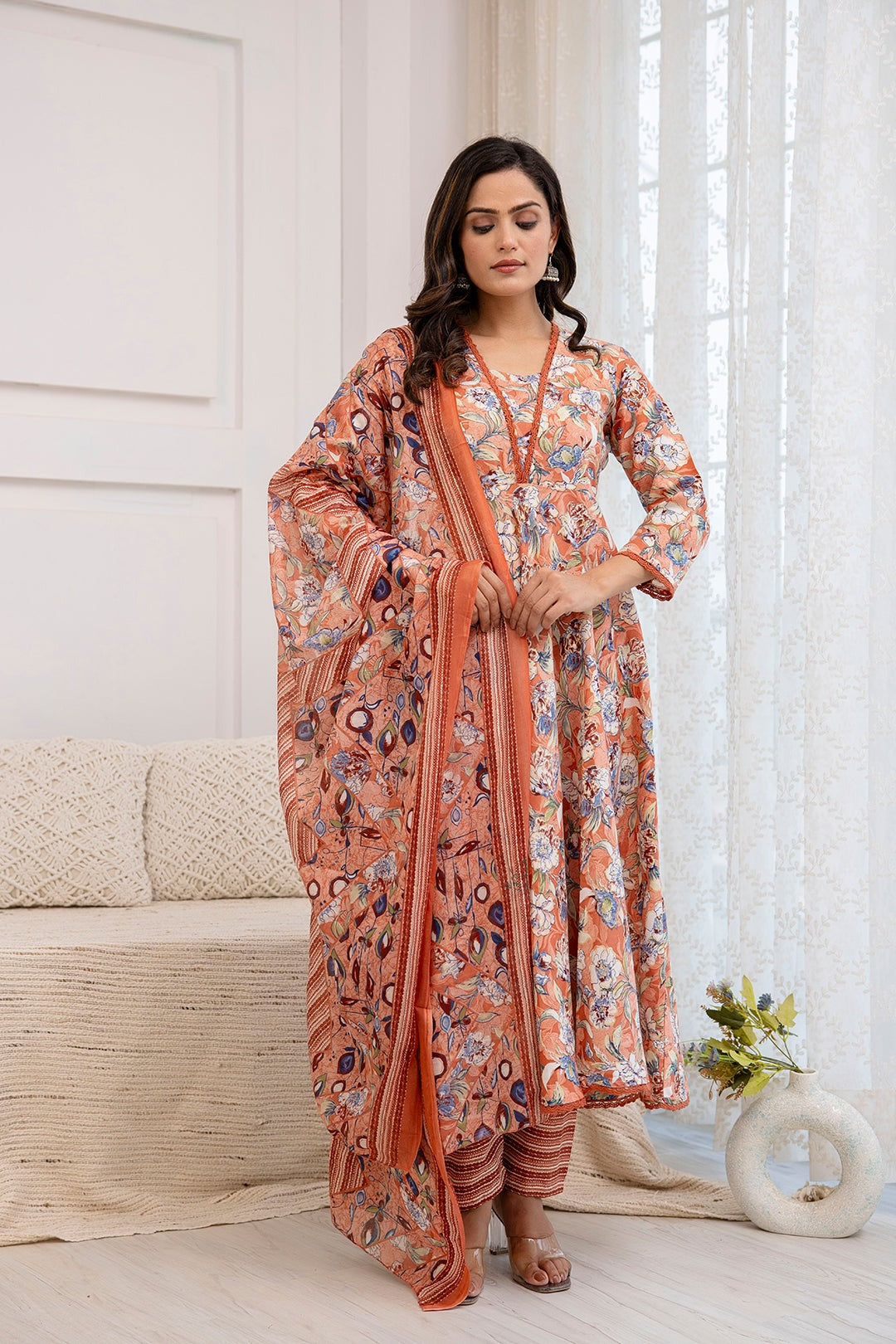 Peach  Floral Printed Cotton Flared Kurti With Pants & Dupatta