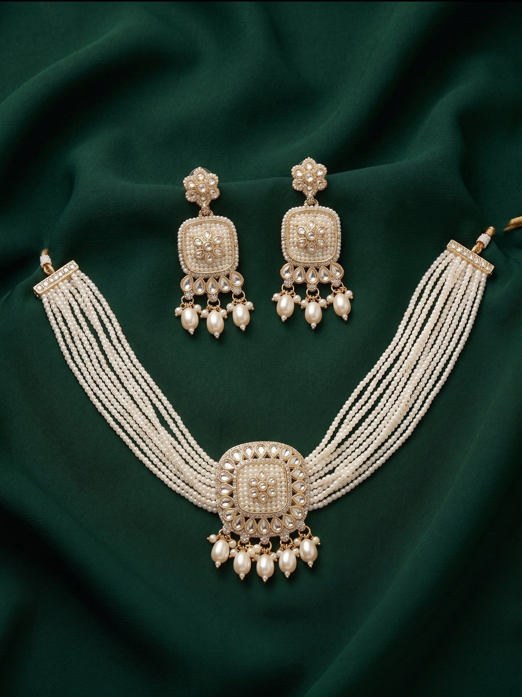 Pearl Layered Chocker Necklace Set with Matching Earrings for Women