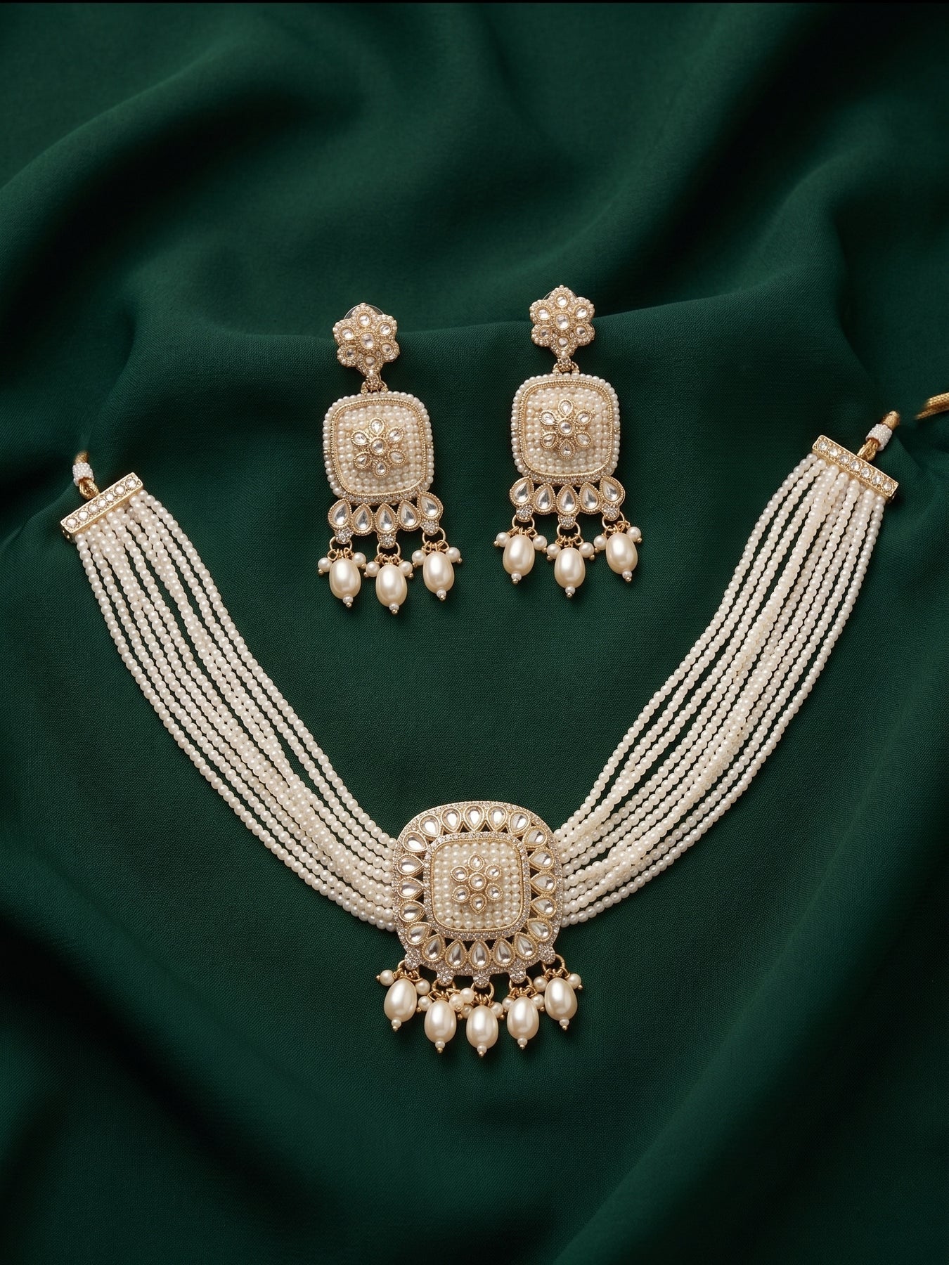 Pearl Layered Chocker Necklace Set with Matching Earrings for Women