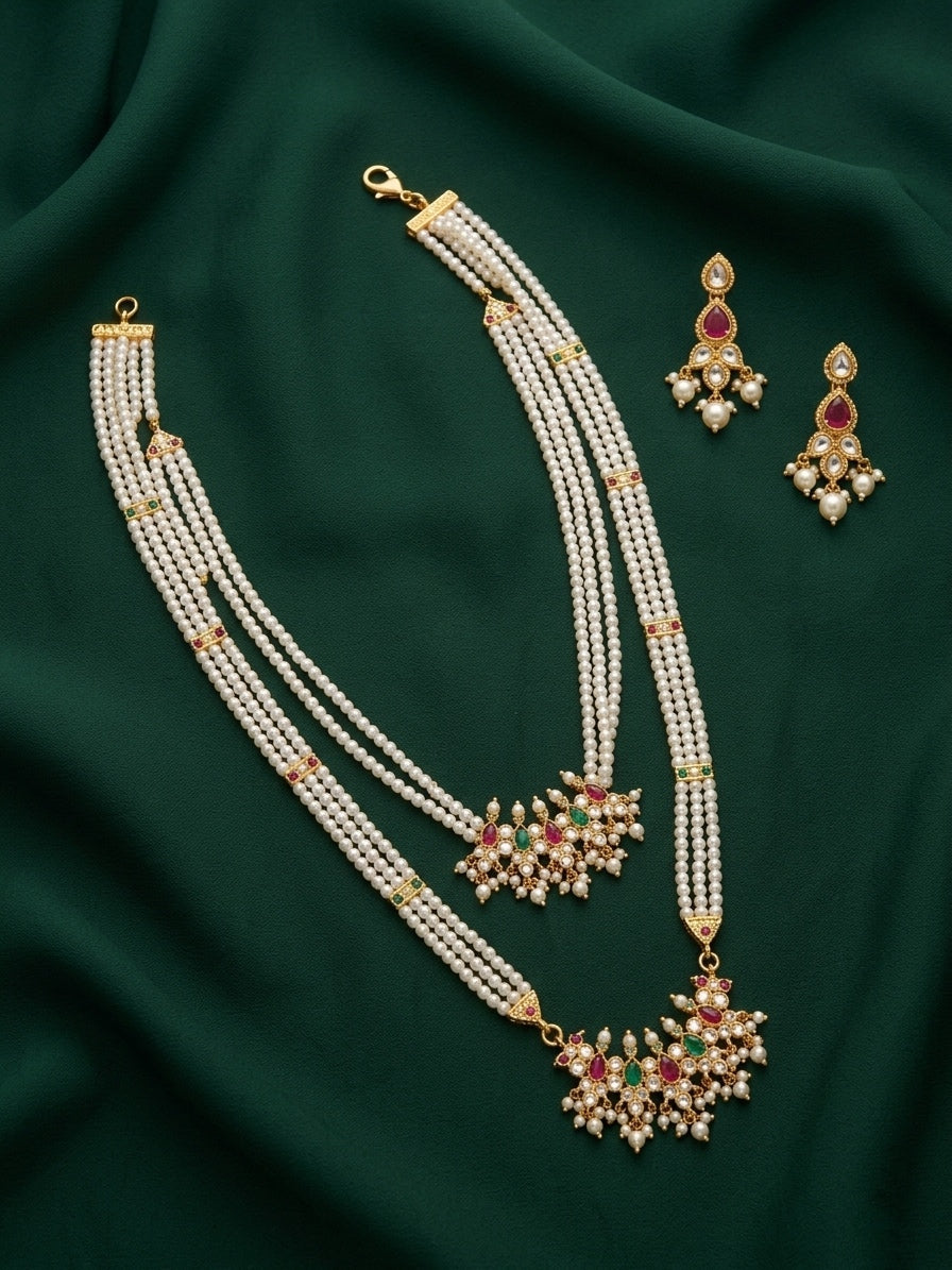 Gold-Toned Pearl Layered Necklace Set with Matching Earrings