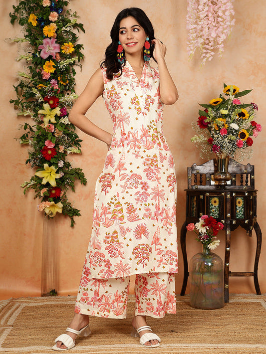 Offwhite Floral printed Rayon Kurti With Palazzo