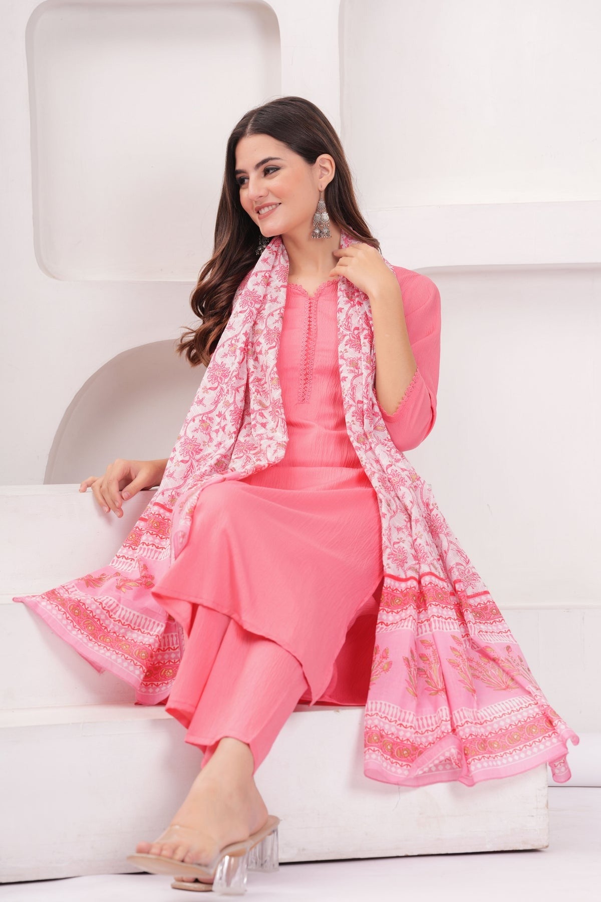 Pink Solid Kurti Pants with Printed Dupatta