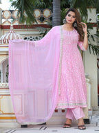 Printed Pink & White Rayon Anarkali Kurti Set