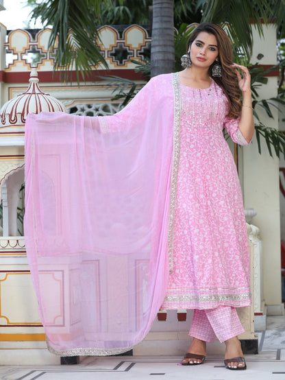 Printed Pink & White Rayon Anarkali Kurti Set