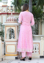Printed Pink & White Rayon Anarkali Kurti Set