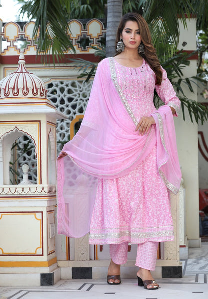 Printed Pink & White Rayon Anarkali Kurti Set