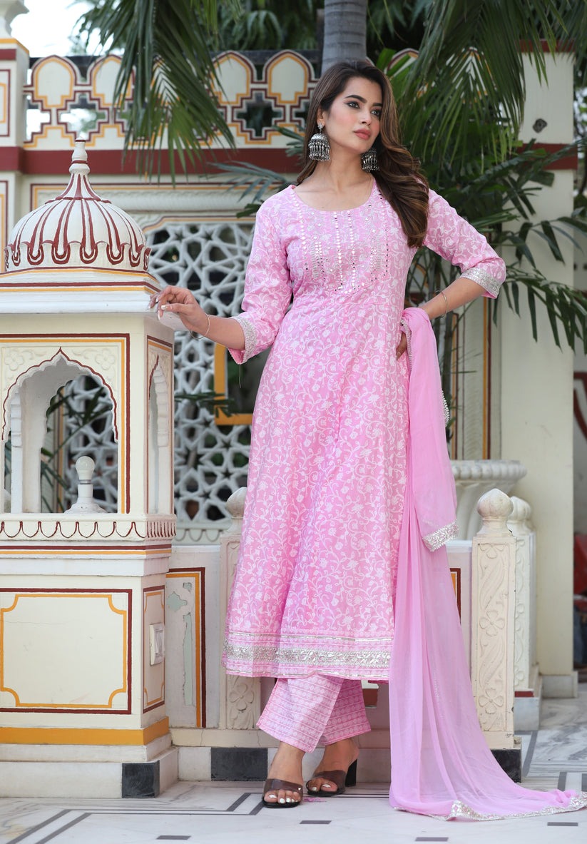 Printed Pink & White Rayon Anarkali Kurti Set