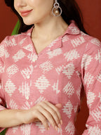 Pink & White Geometric Printed  Cotton Kurti Top (Top Only)