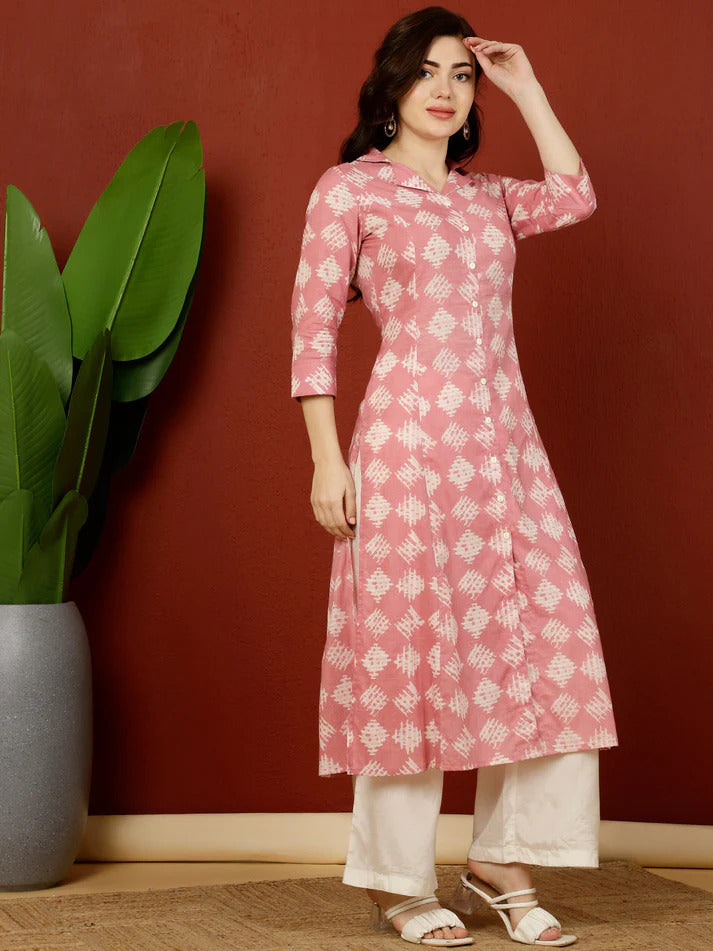 Pink & White Geometric Printed  Cotton Kurti Top (Top Only)