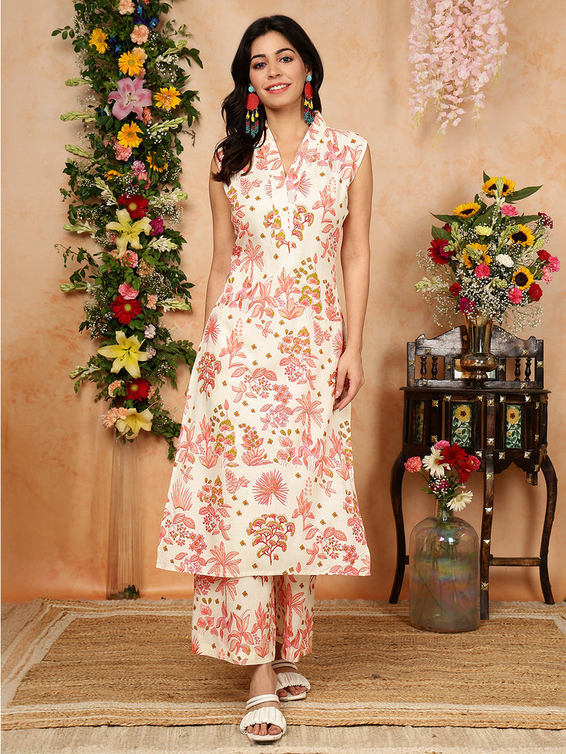 Offwhite Floral printed Rayon Kurti With Palazzo