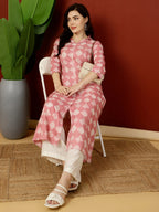 Pink & White Geometric Printed  Cotton Kurti Top (Top Only)