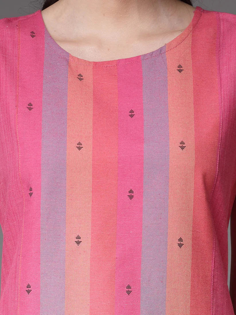 Pink  Vertical Striped Cotton Kurti With Palazzo